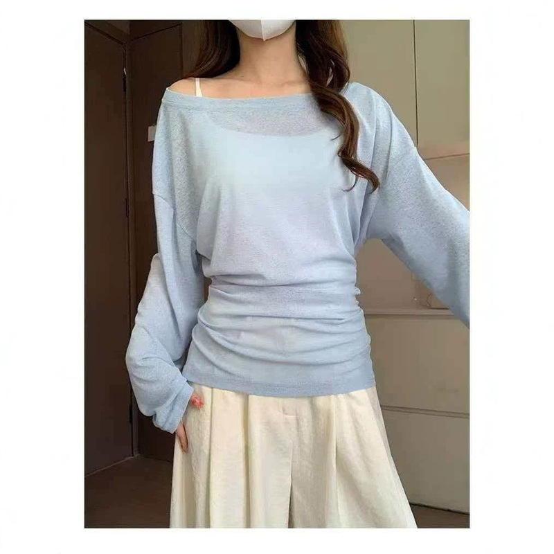Mint Green Base Layer Blouse for Women, Spring Thin Semi-Sheer Long-Sleeve Sexy Tie-Waist Off-Shoulder Top Mint Green Base Layer Blouse for Women, Spring Thin Semi-Sheer Long-Sleeve Sexy Tie-Waist Off-Shoulder Top