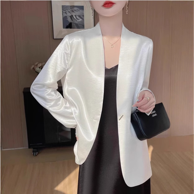 ng2510292 White Acetate Satin For Women, 2025 Spring/autumn New Style, Loose Casual Elegant Short Blazer Top_ecoleips.com