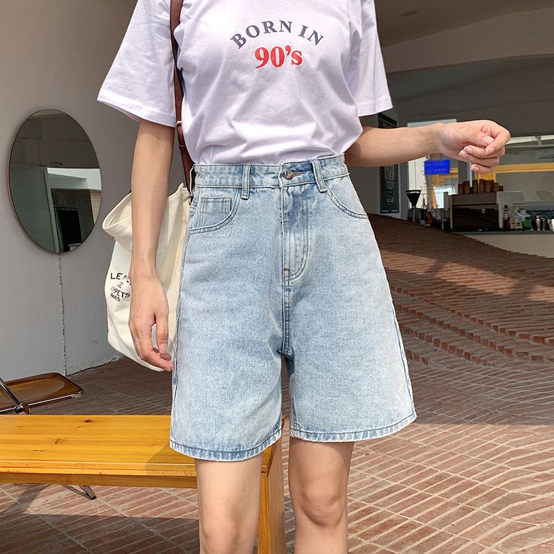 ハイウエストのデニムの半ズボンの女性の夏の薄い金のゆったりしている2023年の新型の広い足の5分のズボンはやせている大きいサイズのストレートの中でズボンを現します。