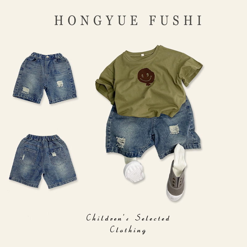 Children's Ripped Jeans 2025 Korean Style Cool and Trendy Versatile Mid-Length Pants for Boys and Girls High-Waisted Leg-Lengthening Shorts