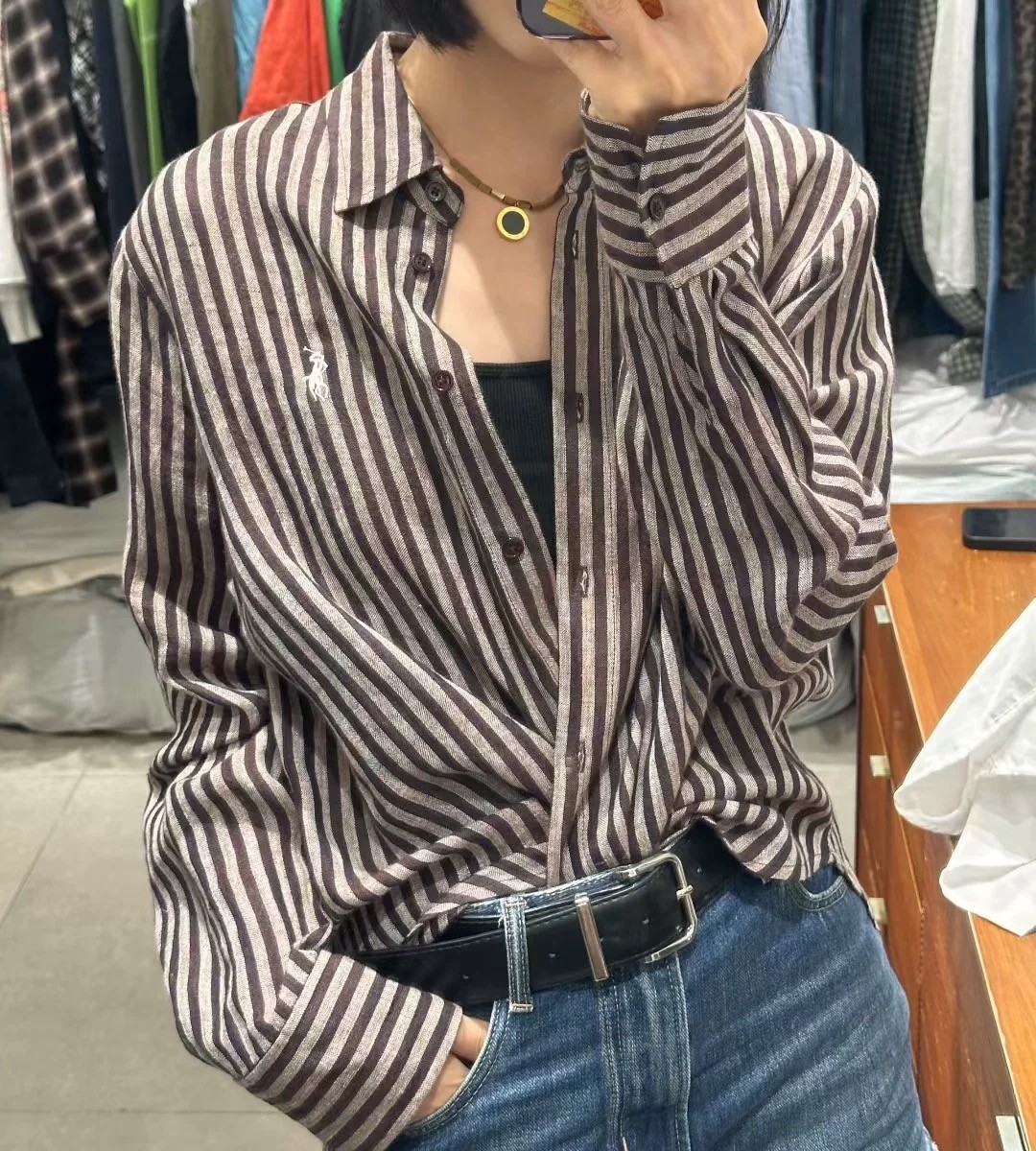 2025秋冬新款金典百搭宽松休闲简约条纹刺绣长袖进口亚麻141