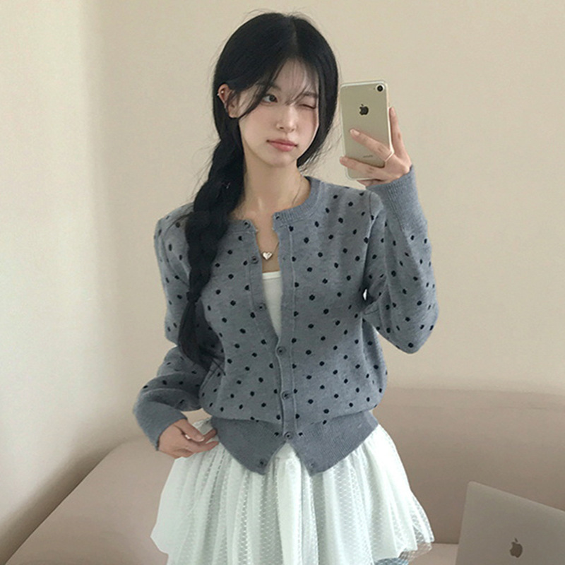 外贸新款韩系休闲波点设计撞色甜美少女开衫外套气质日常百搭上衣|undefined