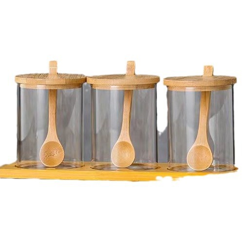 Cocina almacenamiento condimento frasco de vidrio con cubierta de bambú con cucharada de sal, azúcar, MSG almacenamiento condimento frasco de vidrio sellado frasco