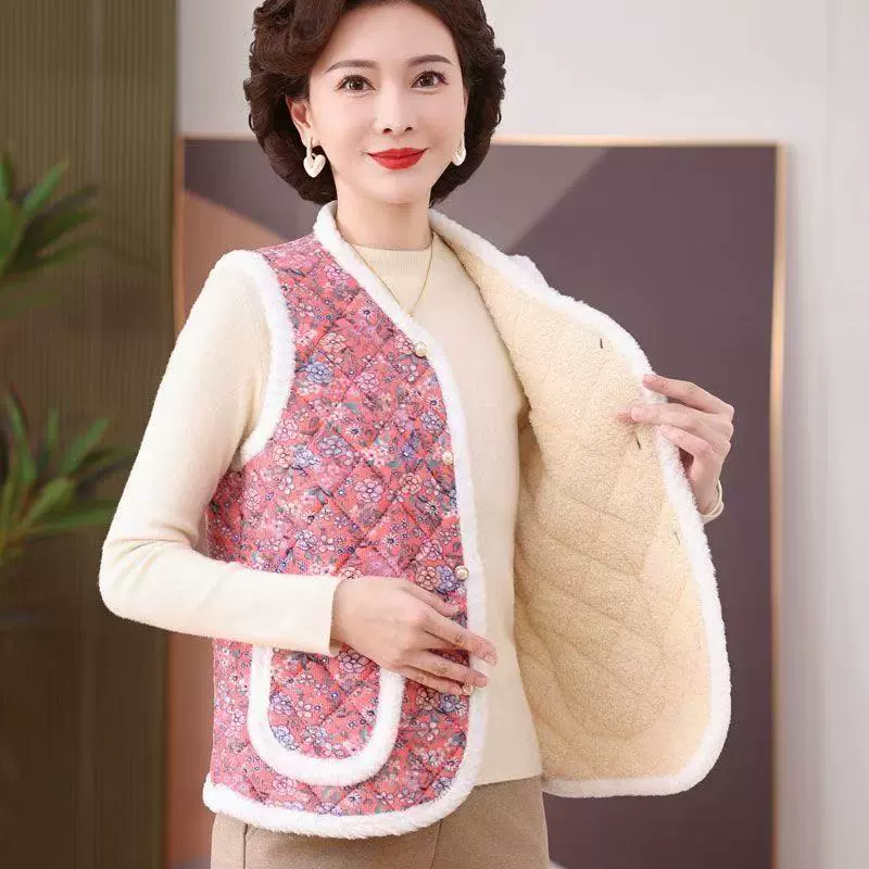 秋冬灯芯绒马甲背心女加绒加厚保暖V领坎肩内搭妈妈装纯色棉马夹