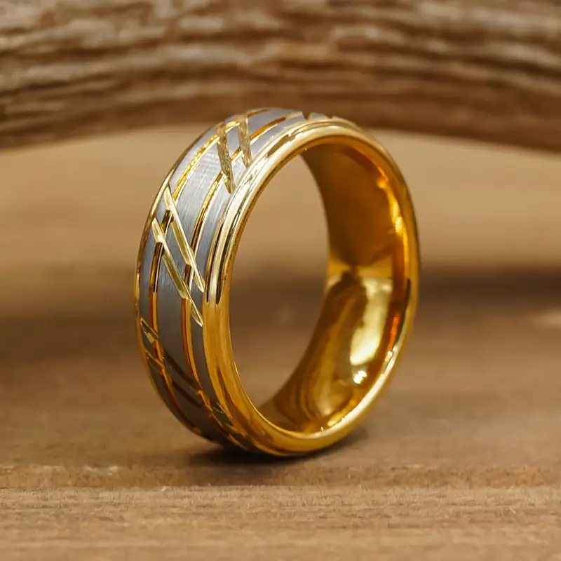 Bague Pour Homme En Acier Tungstène Doré Design Poli Et Épuré_voghion.com