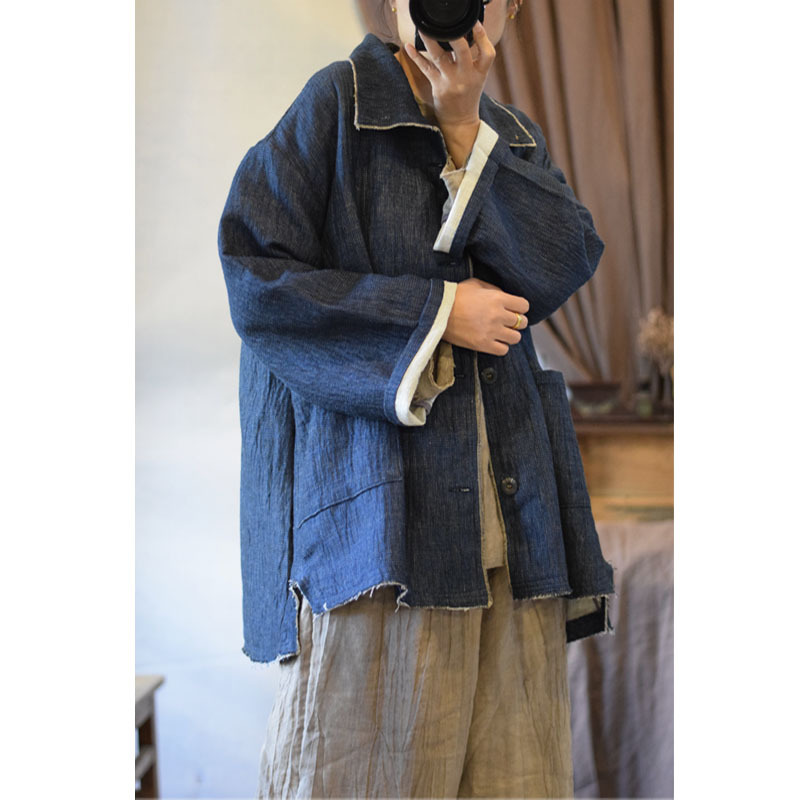 Original Autumn and Winter New Thickened Double-Layer Linen National Fashion Artistic Style Single Row Open Buckle Loose Coat for Women