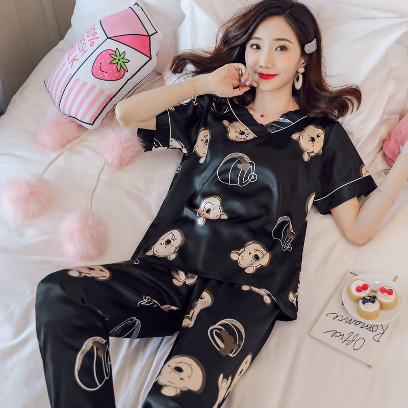 Pijama de seda de hielo para mujeres primavera y otoño corto y largo delgado dulce estilo coreano ropa de seda real dos piezas conjunto