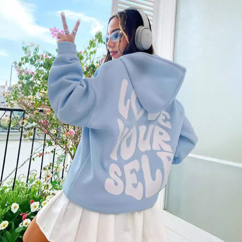 New Women's Fleece Drop Shoulder Sleeve With Back Letter Print Pullover Hoodie_voghion.com