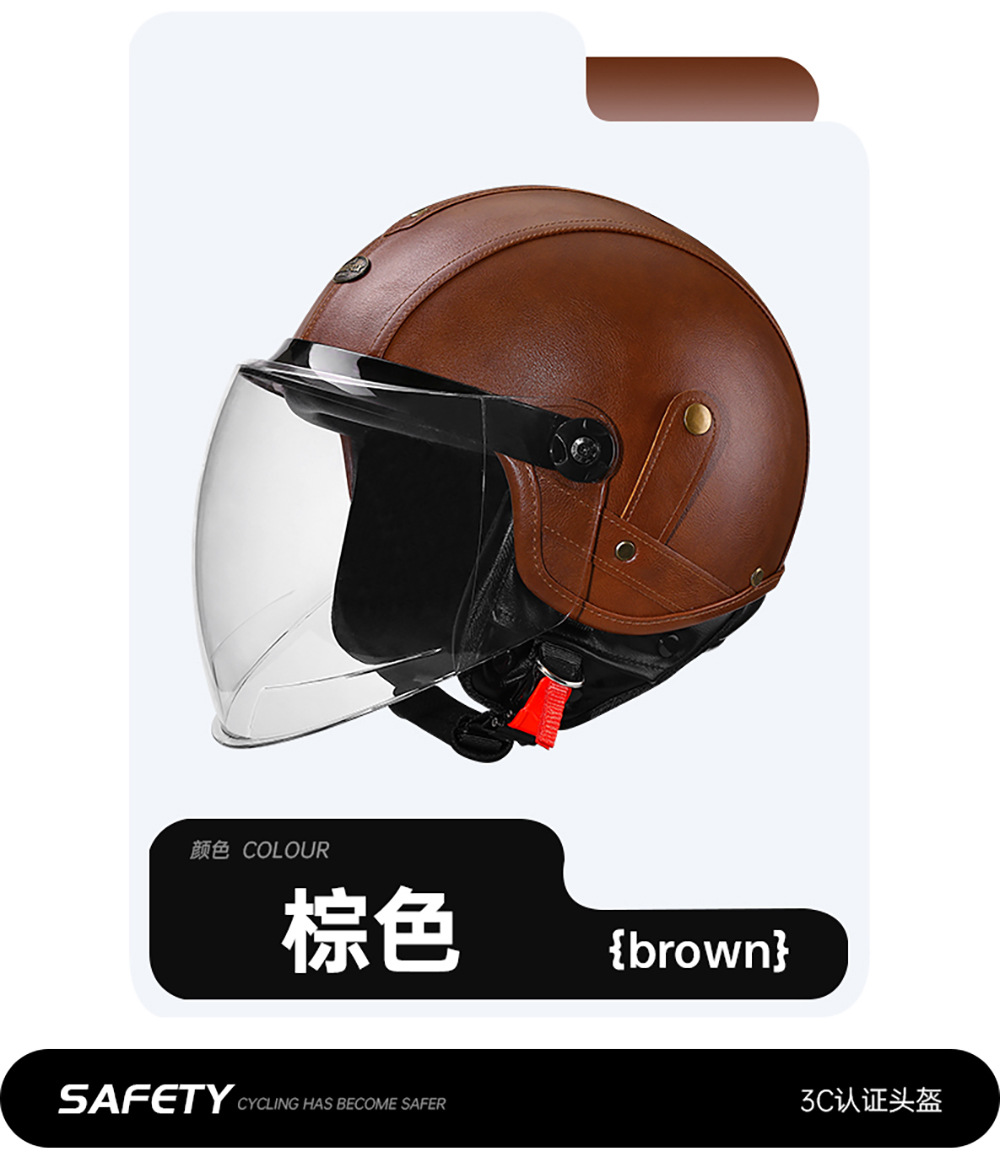 Retro 3C Certified Motorcycle Half Helmet 3/4 Leather Helmet for Men and Women, Motorcycle Helmet, Electric Vehicle All-Season Warm Safety Helmet