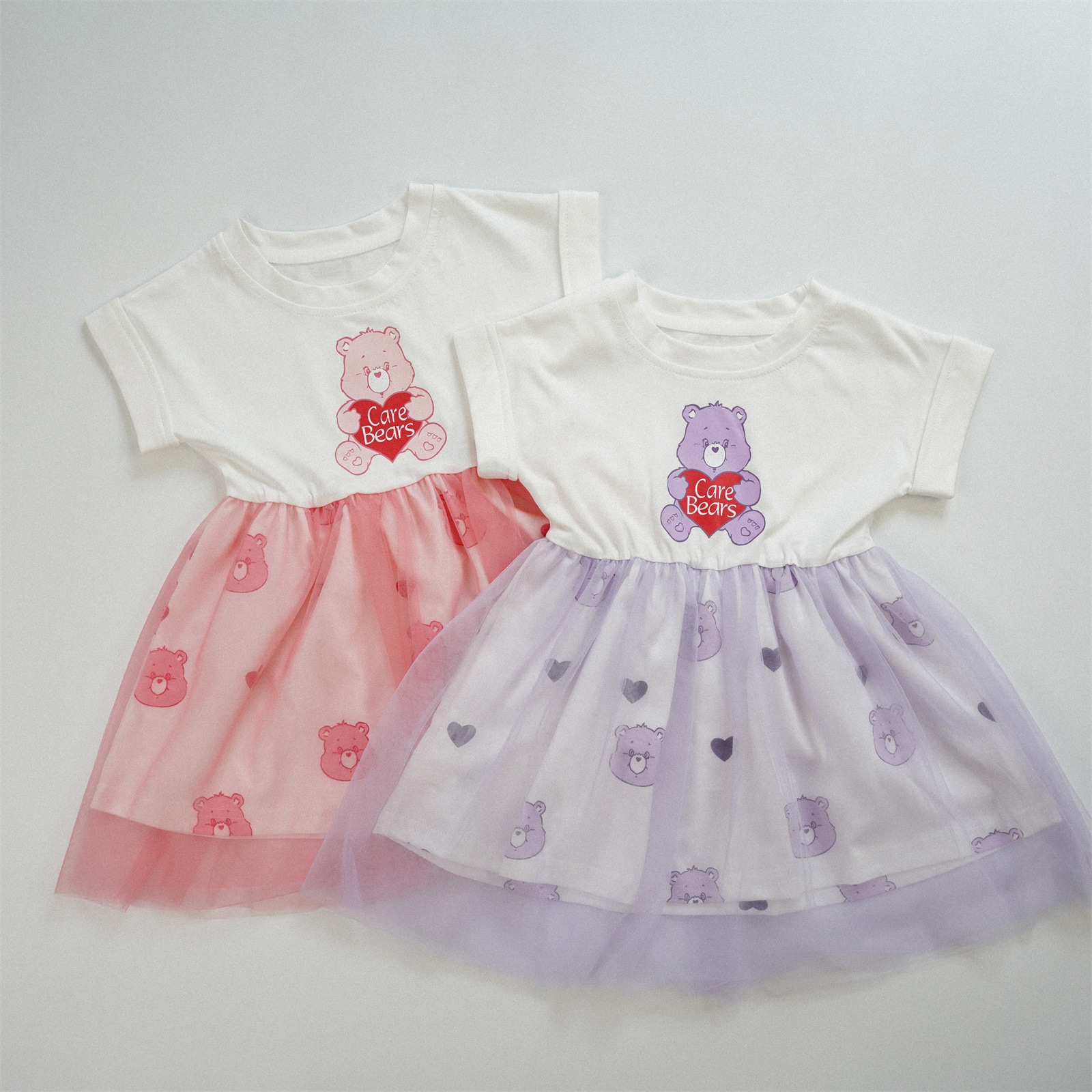 Girls Summer Clothes 2025 Children's Clothes New Baby Girl Rainbow Bear Skirt Little Girl Short Sleeve Dress Children's Gauze Skirt