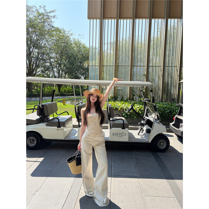 Pure Desire Tweed Style Tube Top + Retro Low-Waist Studded Casual Flared Denim Pants Set for Women