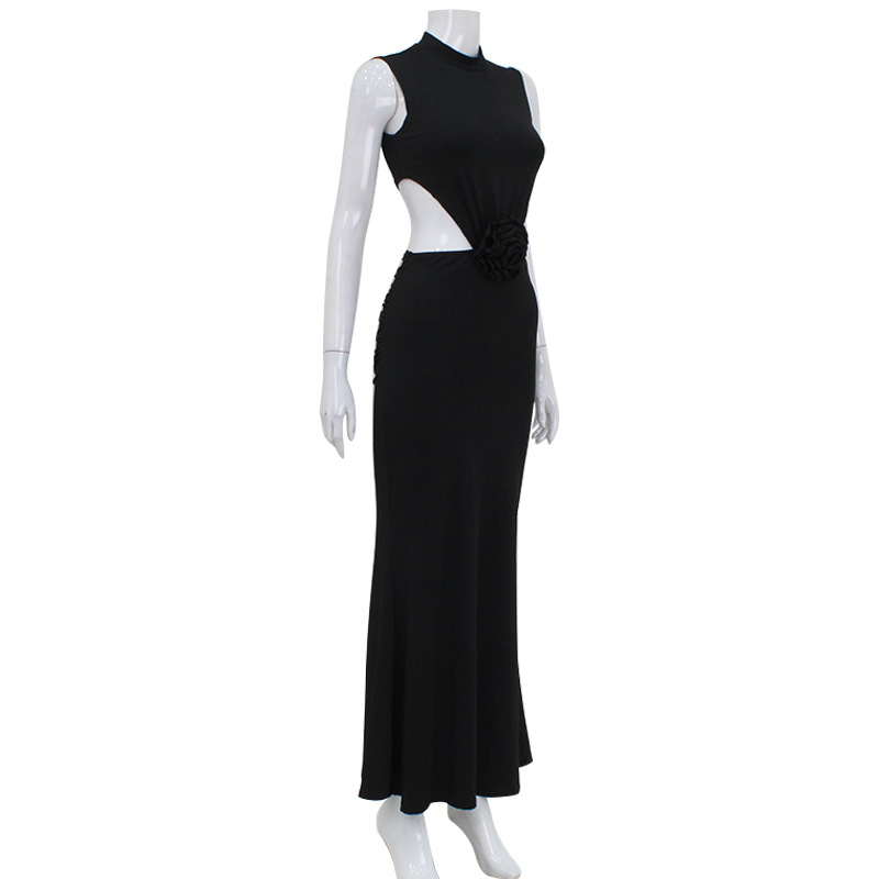 Slim Fit Type Amazon Hot European And American Pure Desire Summer New Fashion Temperament Midriff Outfit Half Turtleneck Flower Decoration Dress Women