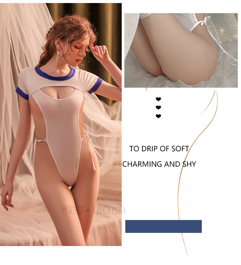 One-Piece Crotchless Lingerie Jumpsuit, Milk Silk Fabric, White Uniform-Style Roleplay — detail image 8