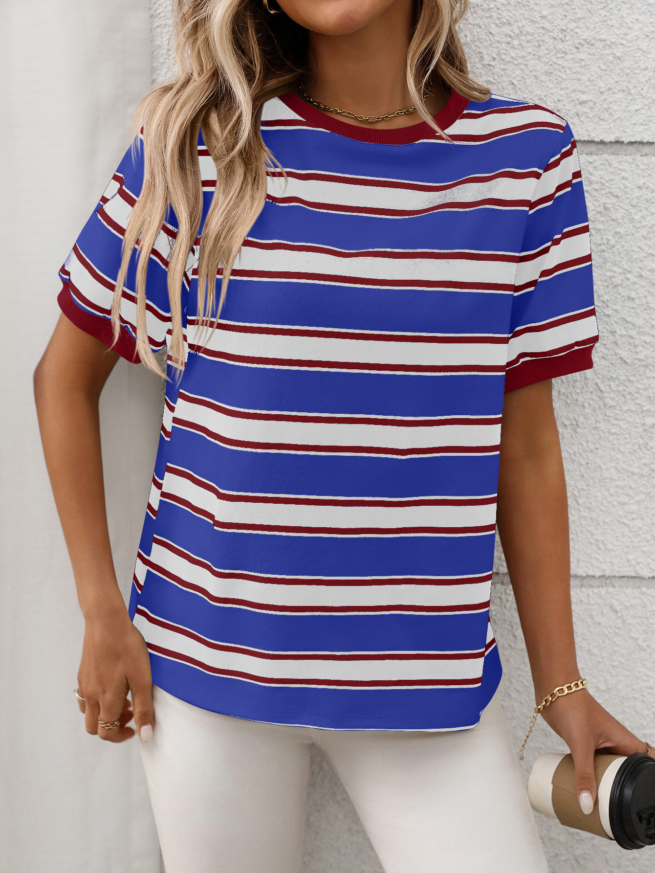 Summer round Neck Loose Top Striped Contrast Color Short Sleeve T shirt