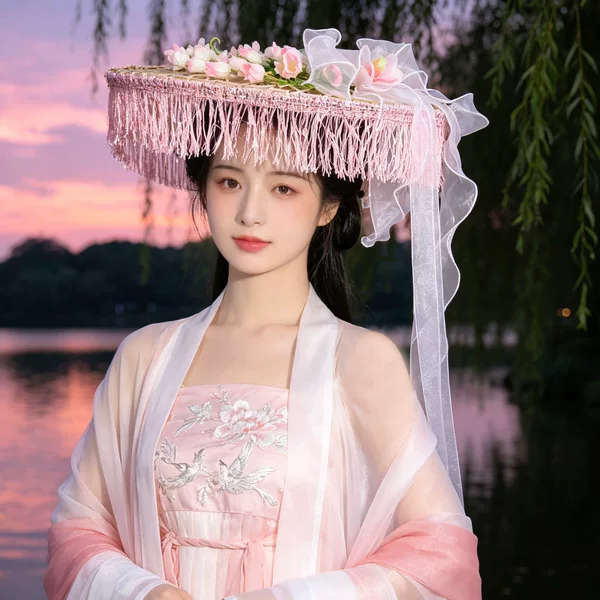 Fairy-Like Ancient-Style Hairpin with Flowers, New Chinese-Style Artificial Flower Bow, Ribbon, Bamboo Hat, Hanfu Travel Photography Hair Accessory for Women