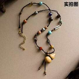 轻奢小众贝壳葫芦松石檀木编织长项链配饰女复古百搭高级感毛衣链