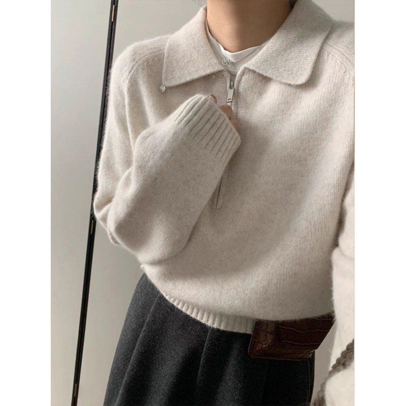 Korean Style Long-Sleeved Lapel Zipper Skin-Friendly Soft Waxy Cashmere Knitwear Women's Autumn and Winter Work Clothing Versatile Top Korean Style Long-Sleeved Lapel Zipper Skin-Friendly Soft Waxy Cashmere Knitwear Women's Autumn and Winter Work Clothing Versatile Top