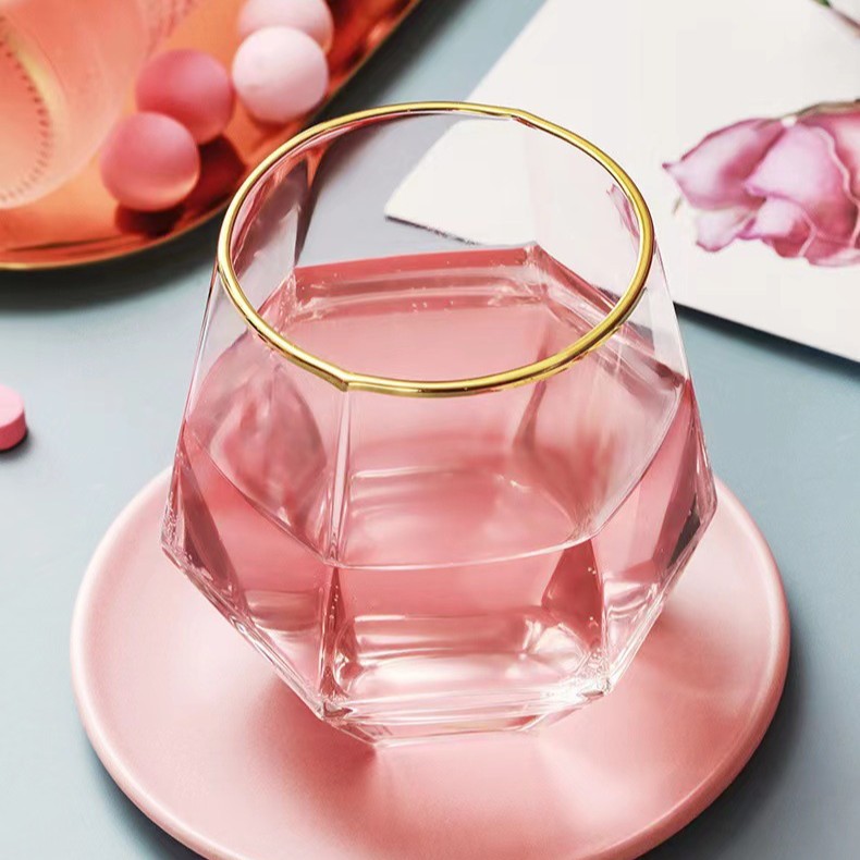 Hexagonal Red de vidrio creativo colorido borde dorado transparente Home bar KTV taza vino exterior promocional logo