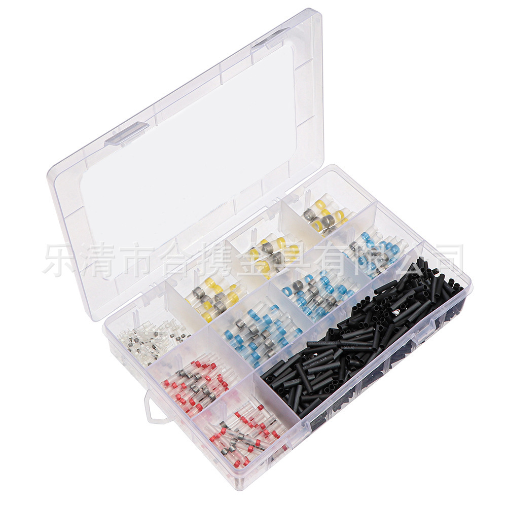 600PC 박스형 솔더 링 단자 노랑 25 파랑 60 빨강 60 흰색 50 405PC 검정 열수축 튜브 HX036656