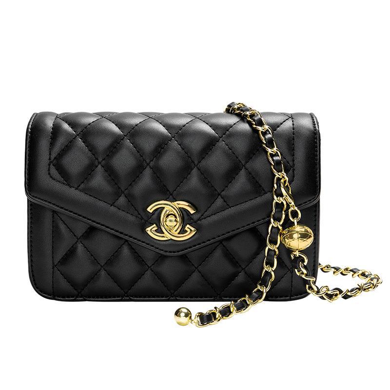 Bolso de Hombro de Cadena de Cuero Genuino Nuevo Otoño 2024, Estilo Versátil de Celebridad de Internet, Inspirado en Chanel, con Cuentas Doradas Acolchadas, Bolso de Mujer