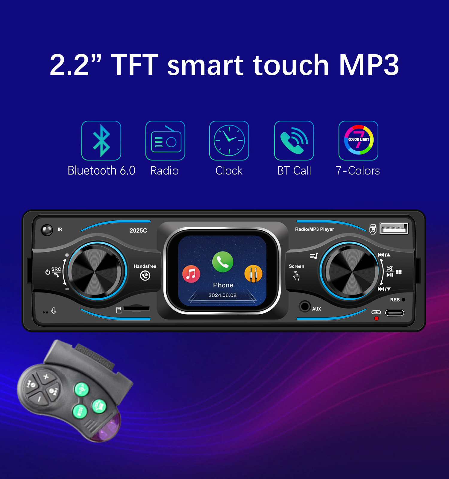 Cross-Border Single-Cylinder Touch Screen with Time Display Car Bluetooth Mp3 Player Car Central Control Radio 2025C