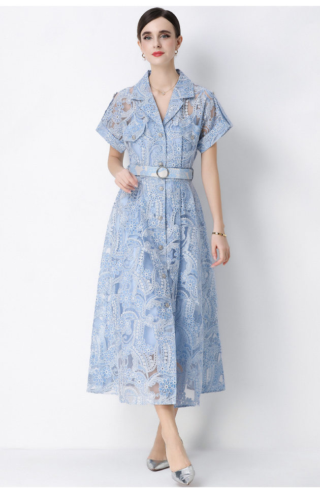 Đầm maxi nữ ren thêu hoa cổ vest cài cúc thắt eo dáng dài thanh lịch — xanh lam, màu trắng, màu vàng chi tiết 5