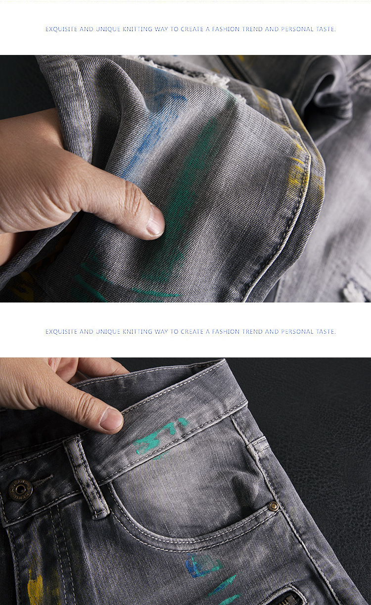 Men’s Slim Fit Ripped Patchwork Jeans With Graffiti Print Retro_voghion.com