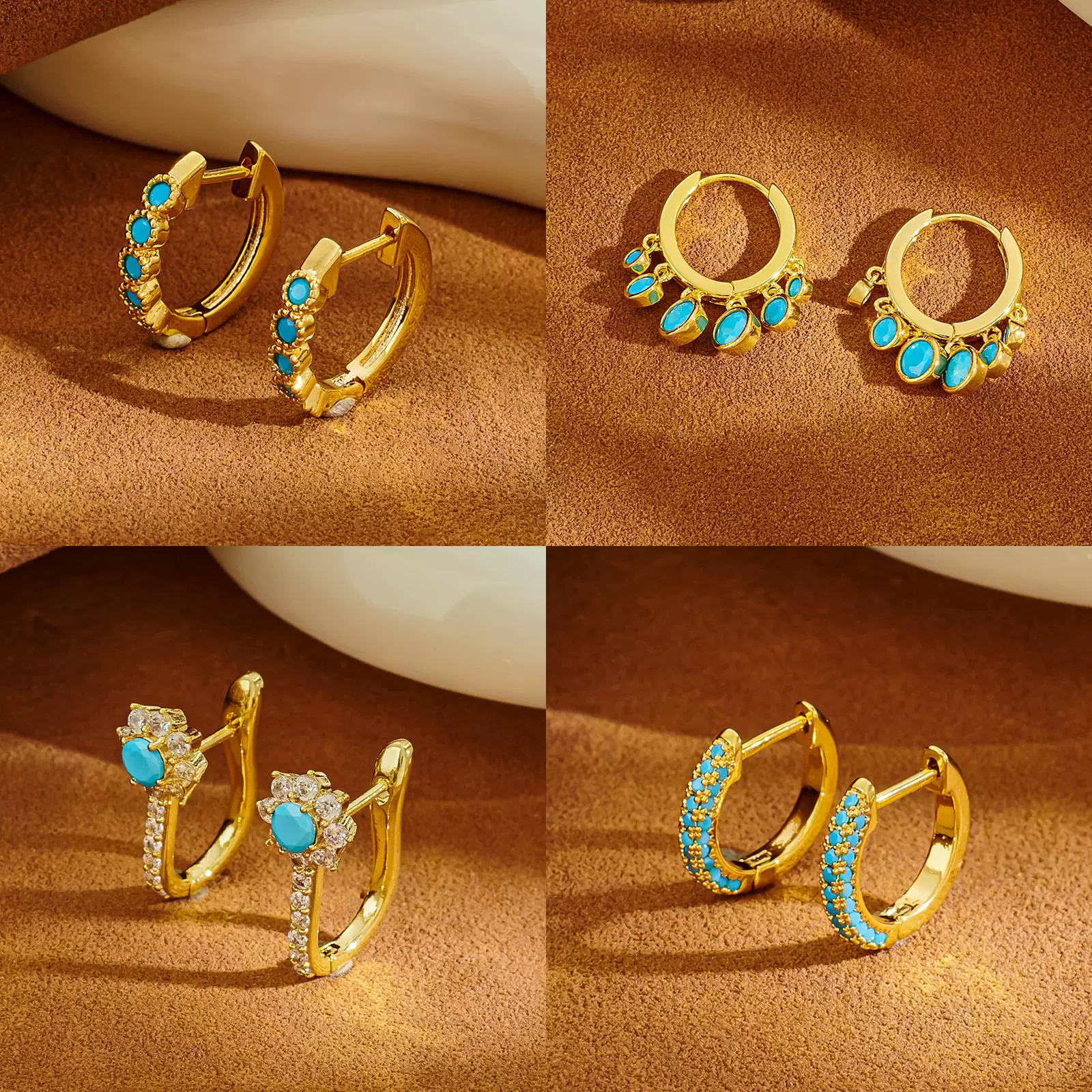 艾妮贝妮爆款绿松石小耳圈复古高级感简约时尚精致耳环潮真金电镀