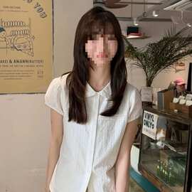 【实价】纯棉风琴褶花边娃娃领高级小衫女夏白色短袖衬衫上衣