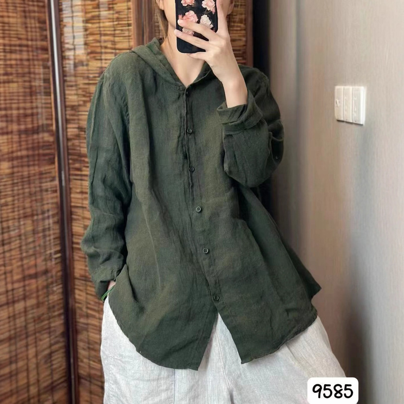 CO 2025秋韩版宽松复古减龄砂洗亚麻连帽衬衫百搭休闲衬衣女9585|undefined