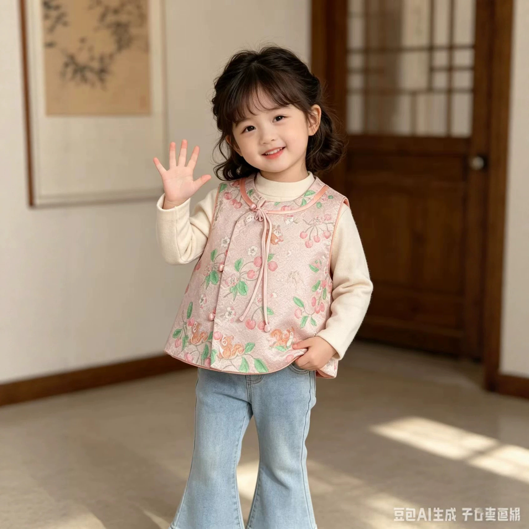 Girls' New Chinese Style National Style Vest, Children's Tang Suit Vest, Spring and Autumn Embroidered Sleeveless Jacket, Ethnic Clothing
