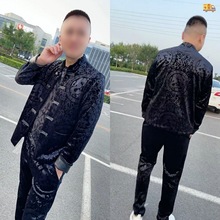TZD30 秋季新款男士套裝中國風圖騰印花唐裝金絲絨外套褲子兩件套