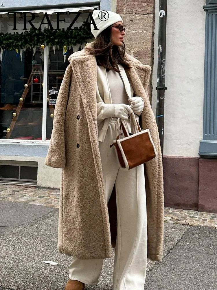 TRAFZA Keep-Warm Long Velvet Coat, Imported European Style, Black/Khaki/Apricot, Sizes XS-L