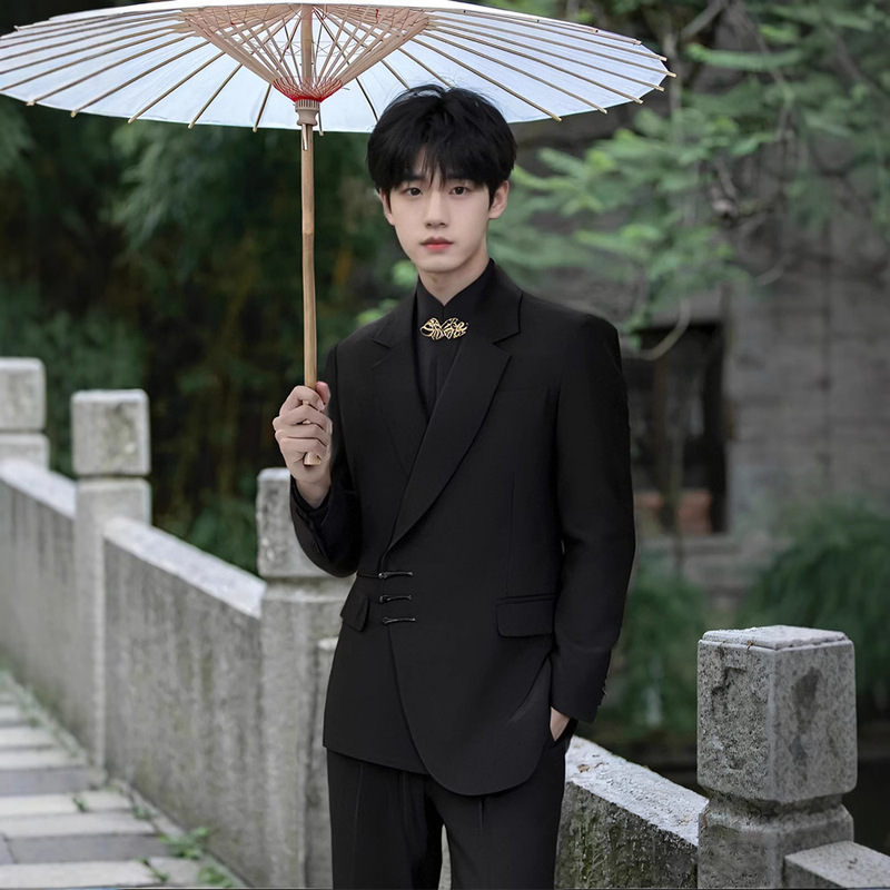 New Chinese Spring and Autumn New Arrival Buckle Suit Men's Suit Engagement Groom Wedding Dress Suit High-end Tang Suit Zhongshan