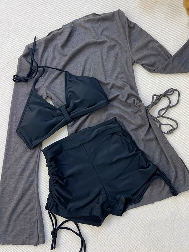 Split swimwear set, 3-piece sexy push-up bikini, dark grey, sizes S–XL