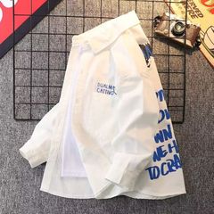 男童炸街長袖襯衫2024春秋新款兒童外套男孩潮中大童白色襯衫男童