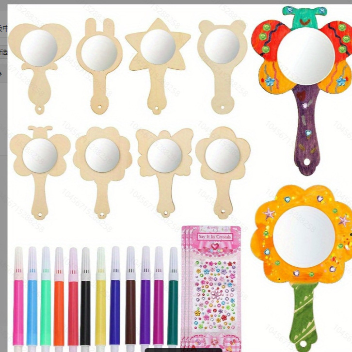 Diseño transfronterizo de madera diy pequeño espejo blanco espejo de maquillaje conjunto pintado de dibujos animados corona relleno conjunto de espejo de mano
