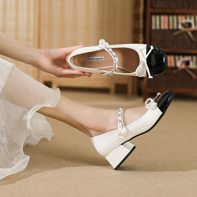 Genuine Leather Mary Jane Slip-On Mid-Heel Spring & Fall Black and White Stitching Chain Round Toe Bow Girls Thick Heel Shoes