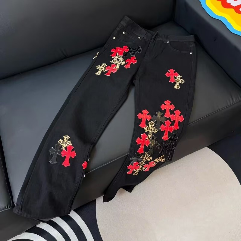 正确版CH克罗伈十字架皮标水洗牛仔裤情侣街头宽松春秋男女长裤款|undefined