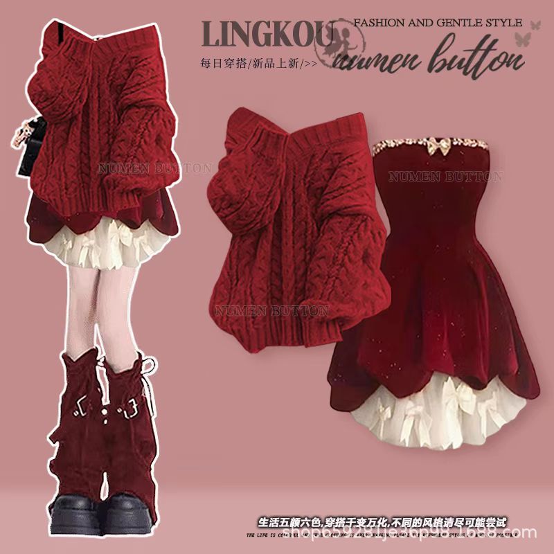 Plus-Size Autumn and Winter Atmospheric Outfit for Women, Stunning Red Knitted Sweater Paired with a Slip Dress Two-Piece Set for Christmas