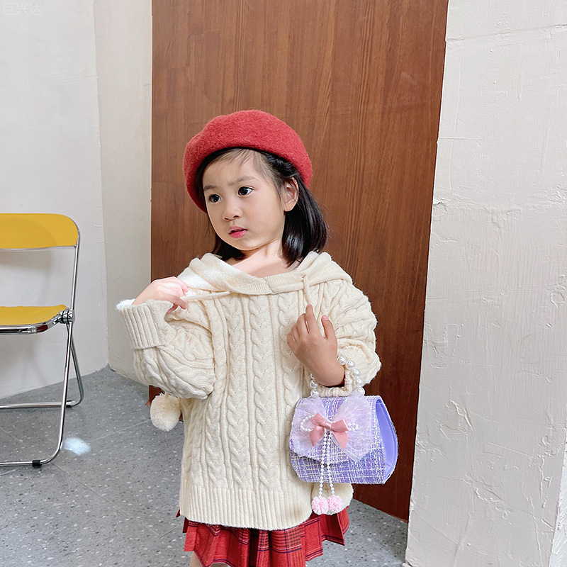 Bolsa de moda para niños 2021 otoño e invierno nuevo algodón y lino de lana estilo Chanel arco perla bolsa de mensajero portátil para niñas