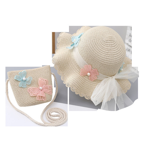 Children's Sun Protection Hat Summer Girls' Sunshade Grass Hat Bag Set Girls' Fashion Lace Princess Beach Hat