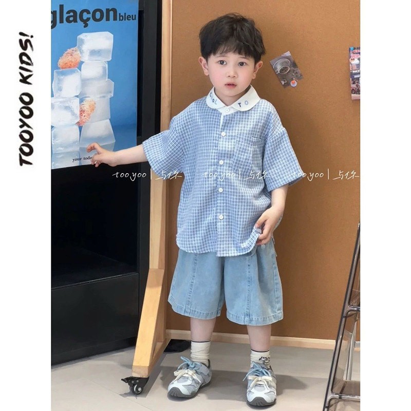 男の子韓国風チェック柄半袖シャツトレンディクールグラフィティバットカーテンデニム5点パンツ2025新作2点セット|undefined
