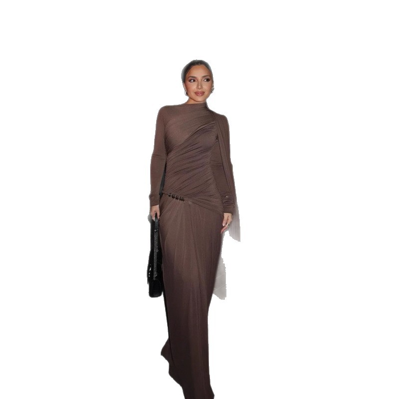 Slim Fit Ruched Long Sleeve Bodycon Midi Dress For Women - Elegant Brown, Pure Y2k Aesthetic, Stretchy Polyester Fabric For Daily Wear_ecoleips.com