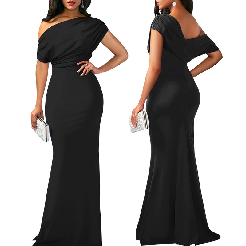 Cross-Border European and American Spring Women's Elegant Sleeveless Off-Shoulder Tight-Fitting Solid Color Long Party Dress Formal Gown
