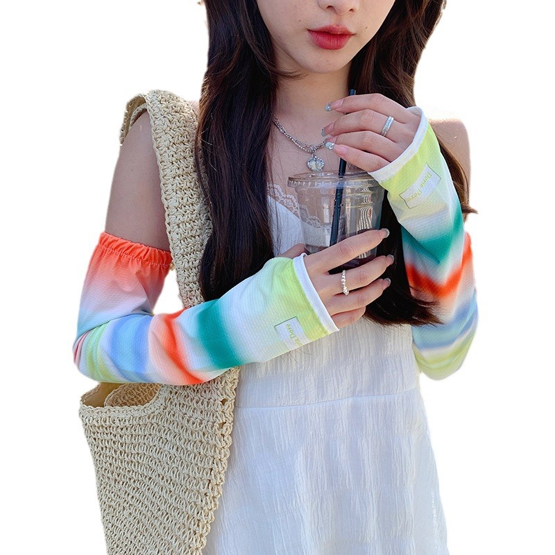 Arco iris degradado guantes de protección solar mujeres conducción al aire libre protección UV protector de brazo de seda de hielo estudiantes ciclismo protector solar mangas de hielo