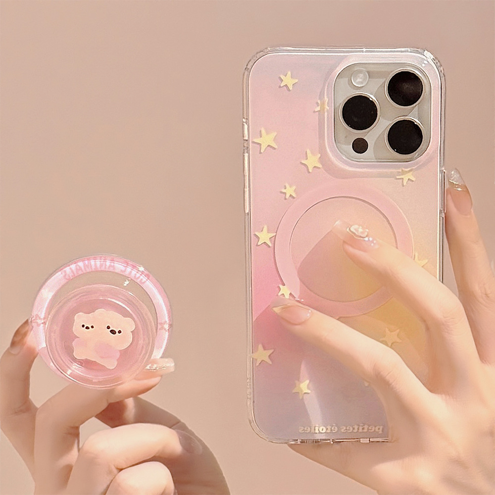 Soporte magnético IMD de doble capa 17pro max con diseño de oso estrella en degradado rosa, compatible con fundas para iPhone 14, 13 y 16, ideal para dropshipping.