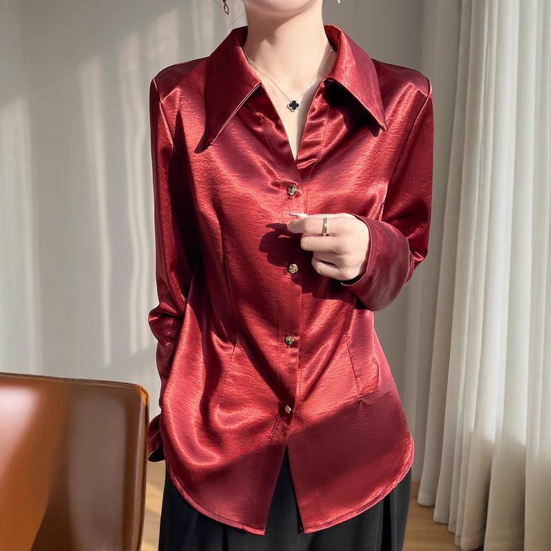 2025 Spring and Autumn New French Waist Gold Satin Shirt Women's Casual Elegant Shirt Loose Bottoming Shirt
