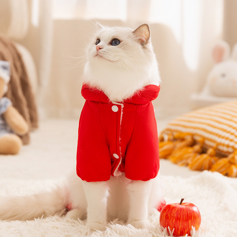 Gatos otoño y invierno caliente y grueso color contrastante empalme cuerda de dibujo de cuatro patas carga ropa de algodón perro Teddy ropa de mascota gato