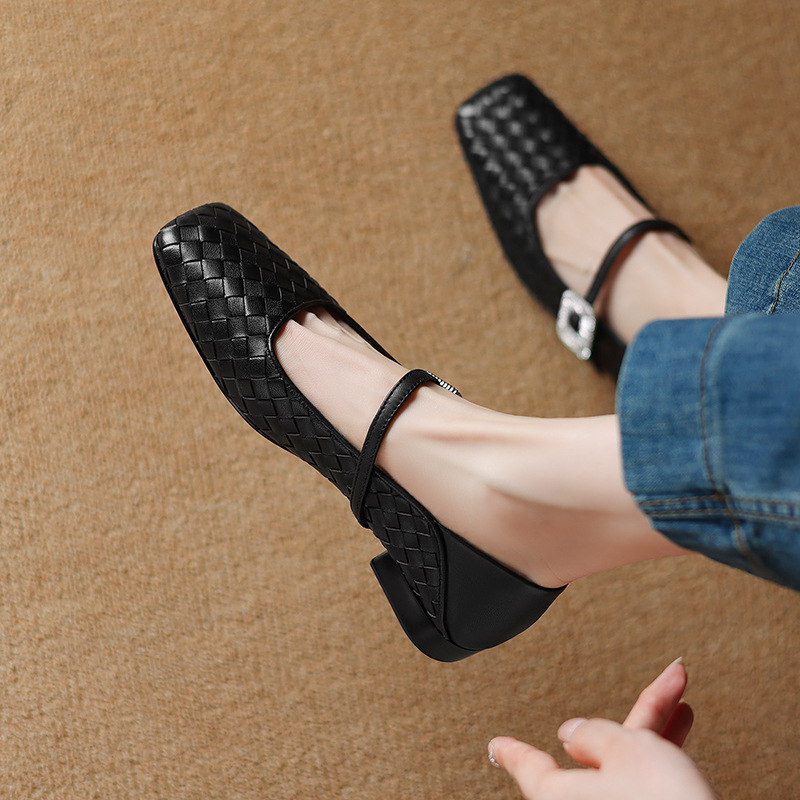 Retro autumn woven Mary Jane shoes low-cut square toe with…